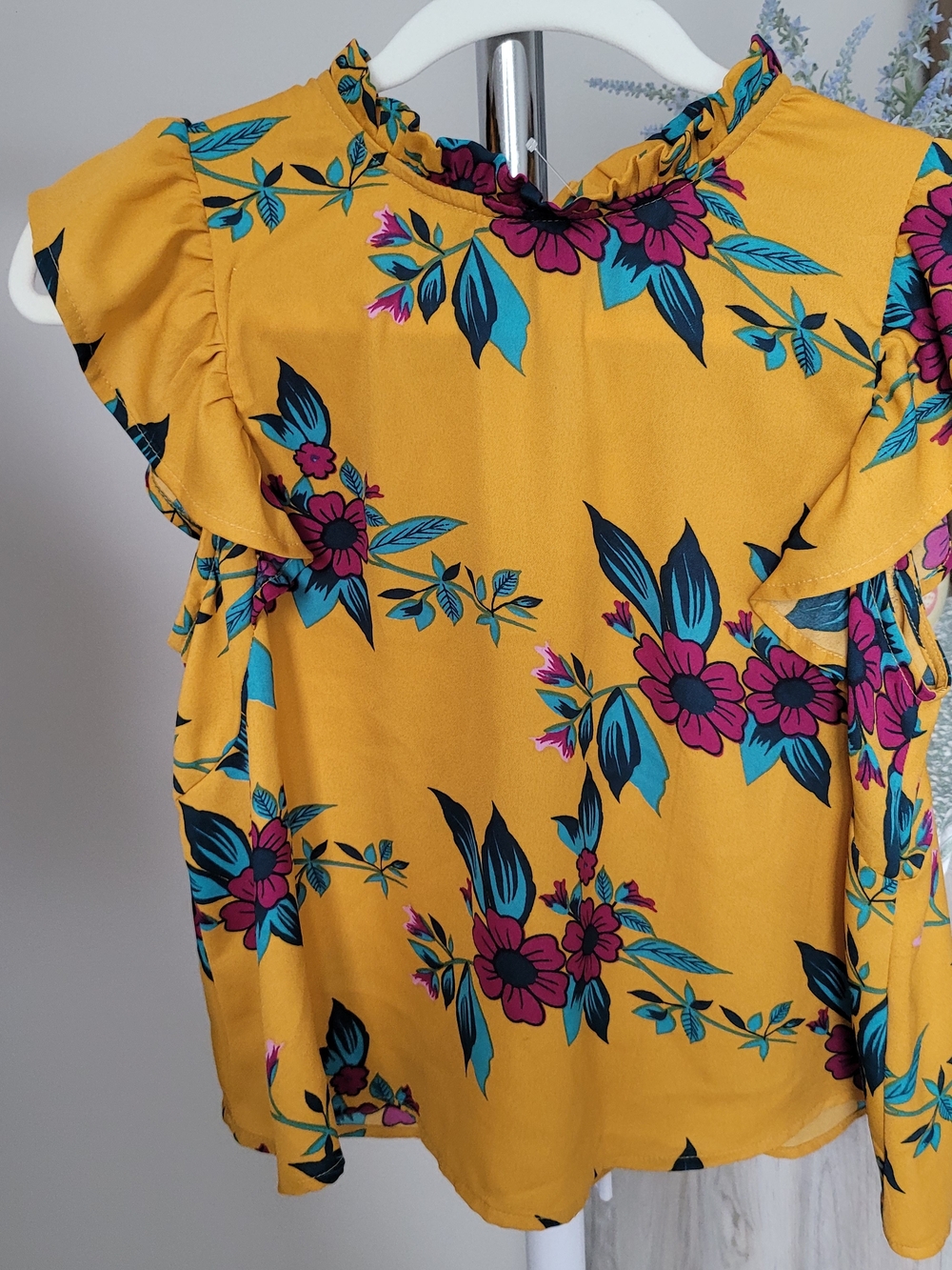 True Destiny Mustard Yellow Floral Ruffle Sleeve Top